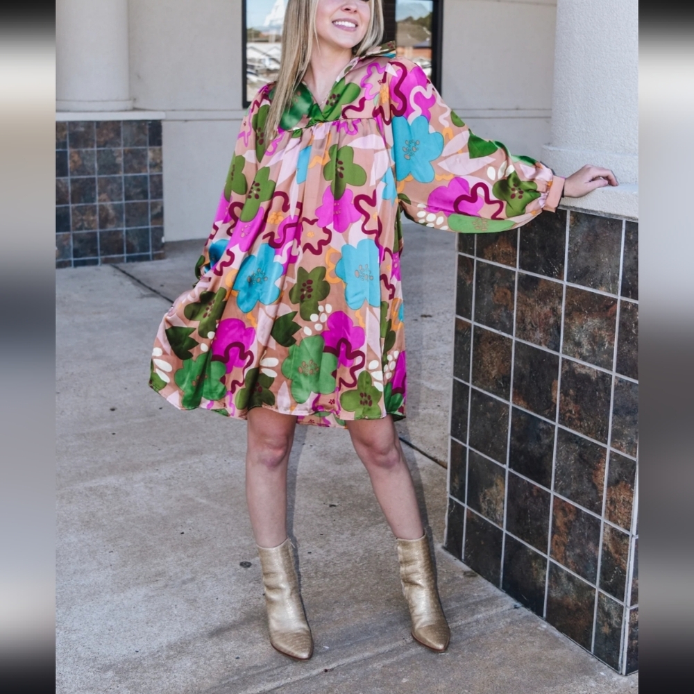 Adrienne, Women's Baby Doll Floral, Spring, Fall, Neutral And Pink Color Dress